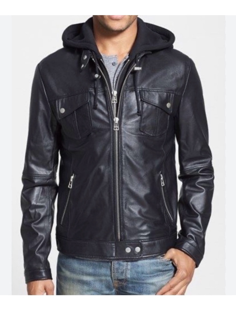 7 Diamonds Black Leather Jacket with removable hoodie